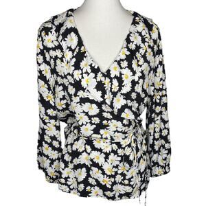 GAP Wrap Front Daisy Print Ruffle Top Black Floral Blouse XL Cottagecore Peasant